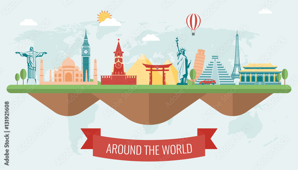 Fototapeta premium Travel composition with famous world landmarks. Vector