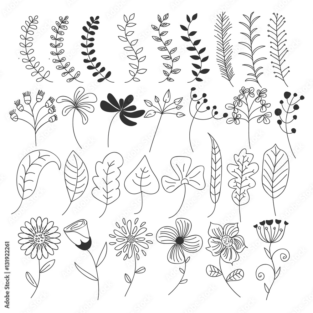 Hand drawn flower and leaf with black and white color Stock Vector ...