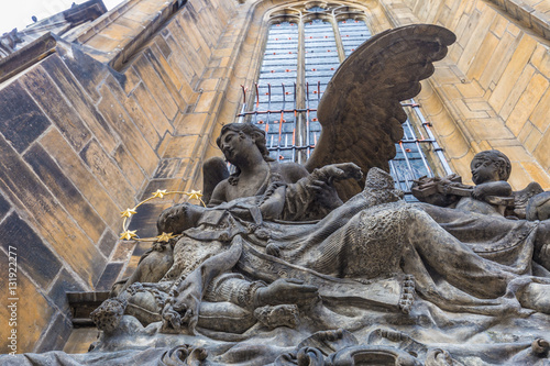 Wide-angle perspective of statue of Saint John of Nepomuk at St Vitus Cathedral, Prague