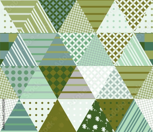 Seamless patchwork pattern from triangle patches. Vector illustration. Quilt in green tones.