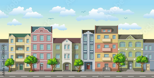Seamless cityscape cartoon background with trees