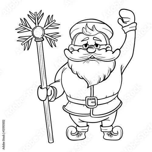 Funny cartoon Santa Claus with a magic stick in his hand. Black and white outline on a white background for coloring. Vector illustration.