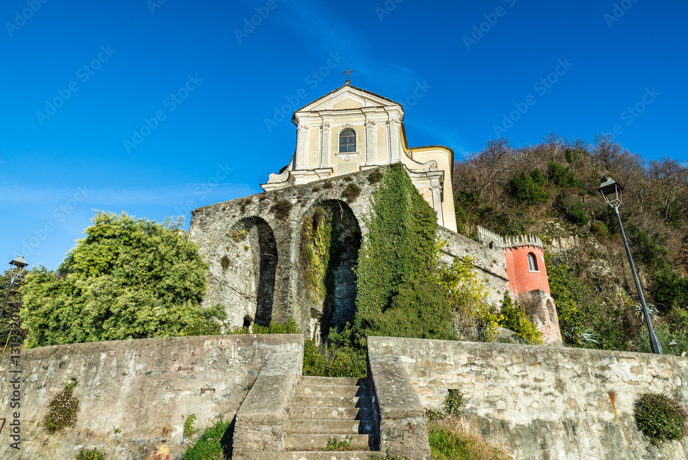 Sanctuary Madonna della Punta on Lake Maggiore, Maccagno, province of Varese, Italy. The church, also called Madonna del Rosario, is counted among the 72 Marian shrines of the Diocese of Milan