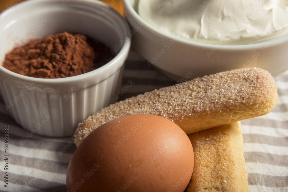 Cocoa powder, mascarpone cheese, eggs and savoiardi bisccuits fo Cocoa powder, mascarpone cheese, eggs and savoiardi bisccuits fo