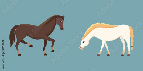Cute horses in various poses vector design. Cartoon farm wild isolated horse and different silhouette of flat pony