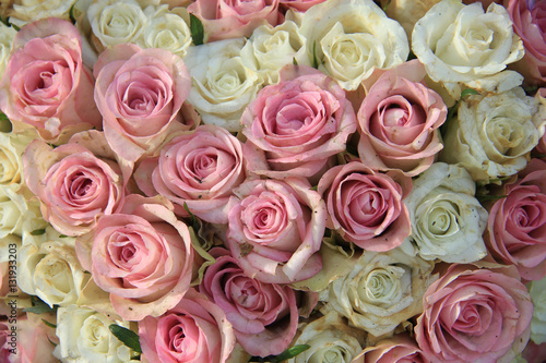 Pink and white roses in a bridal arrangement