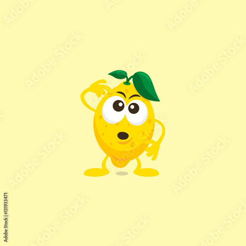 Illustration of cute lemon thinking mascot isolated on light yellow background.