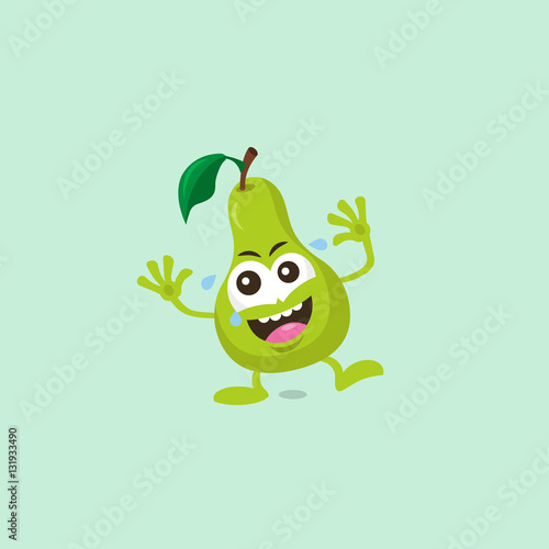 Illustration of cute pear laughing mascot isolated on light green background.