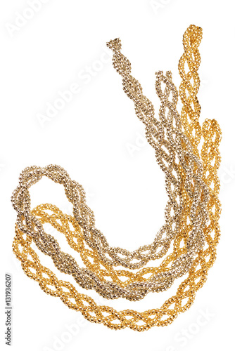 Close-up of two different types and colors of a golden metallic headband made of multiple weaved golden fibers, fashion item isolated on white background