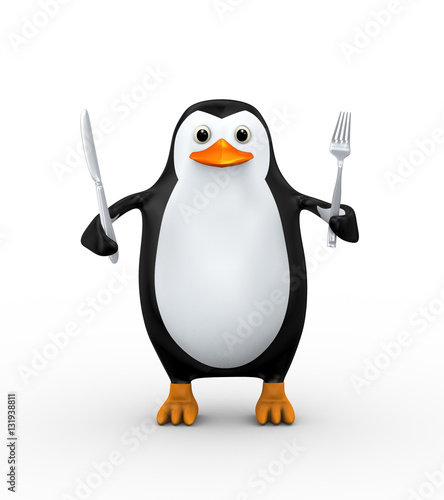 3d penguin holding knife and fork © asfianasir