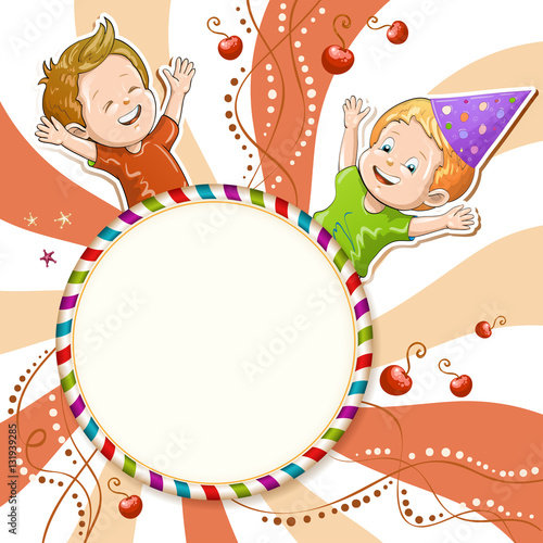 Illustration of kids with background for text and cherry 