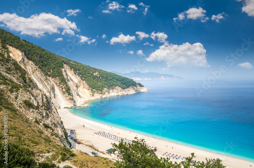 Myrtos beach, Kefalonia island, Greece. Beautiful view of Myrtos bay and beach on Kefalonia island