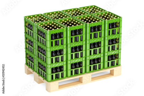 Drink crates with beer bottles on the wooden pallet, 3D renderin