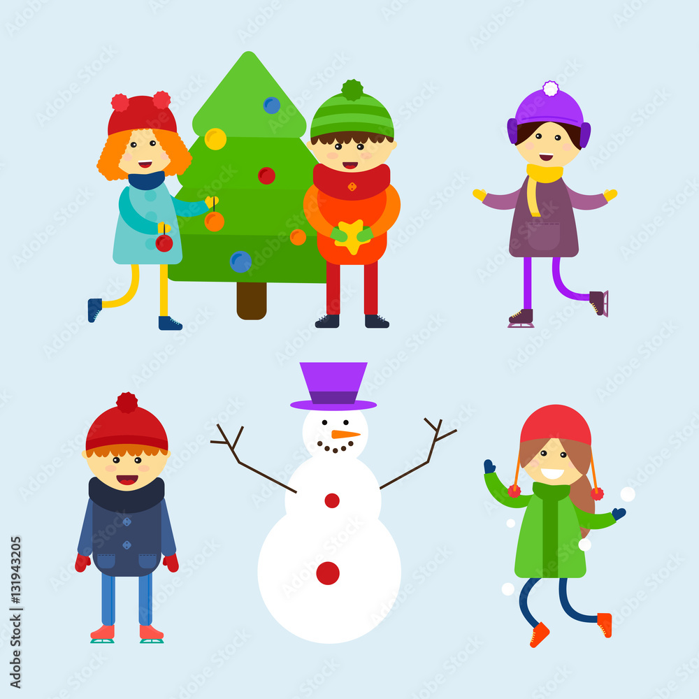 Kids playing winter games vector illustration.