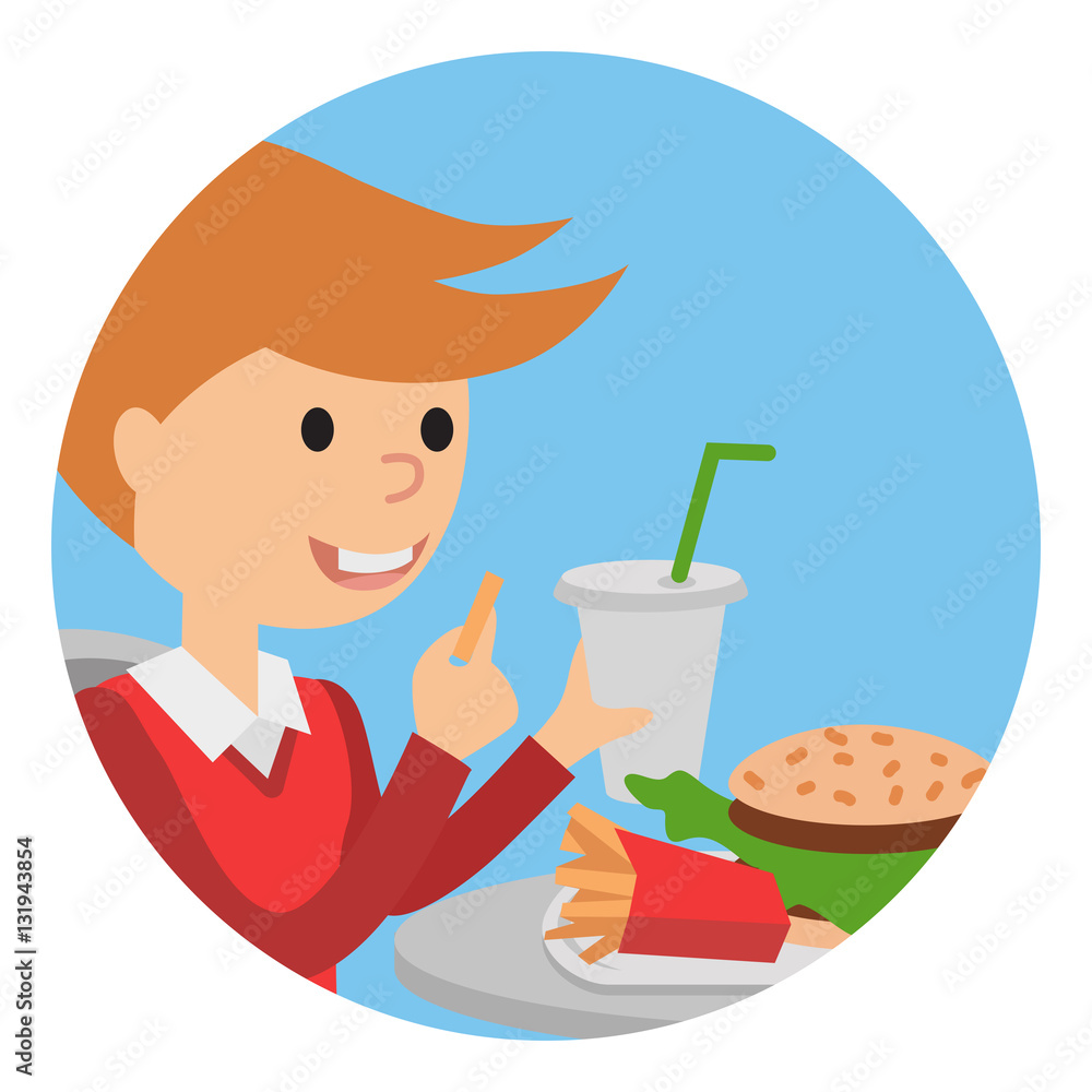 Boy eating fast food. Vector illustration of a child with fries.