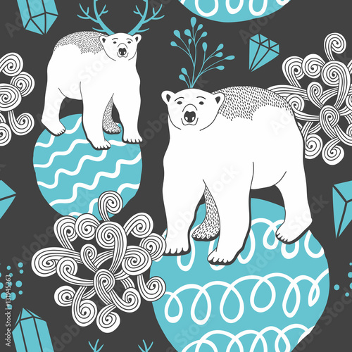 Endless background with white bear on the ice.