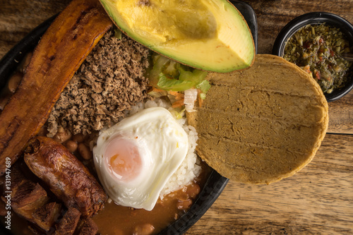 closeup of typical colombian food from the Medellin area called Paisa Bandeja photo