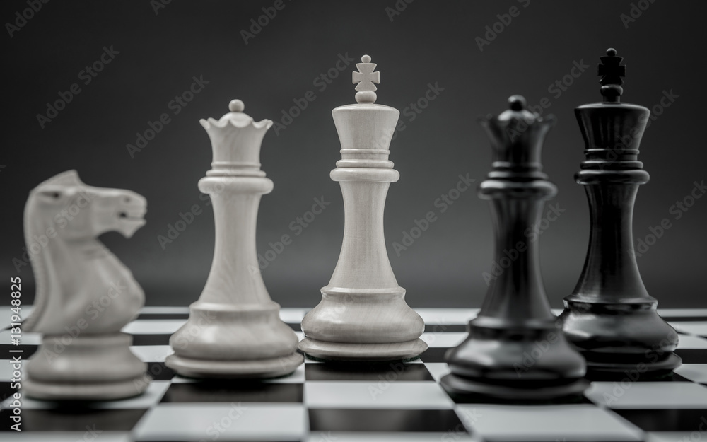Black and White King and Knight of chess setup on dark backgroun Black and White King and Knight of chess setup on dark backgroun