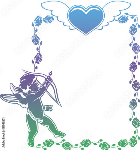 Cupid with bow hunting for hearts. Color gradient frame with Cupid  roses and hearts. Copy space. Raster clip art.