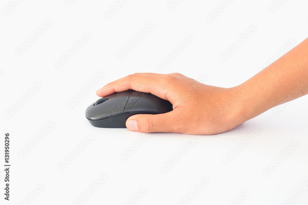 Woman hands holding black computer mouse on a white background. Woman hands holding black computer mouse on a white background.