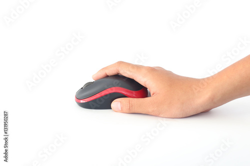 Woman hands holding black computer mouse on a red white background.