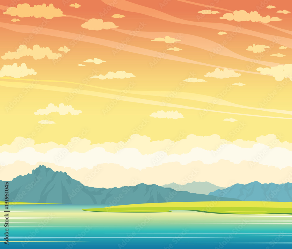 Summer landscape - lake, mountains, sunset sky.