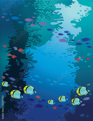 Coral reef, school of fish. Underwater sea life.