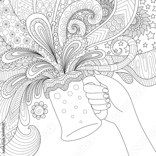 Hand holding beer glass for adult coloring book,poster and design element