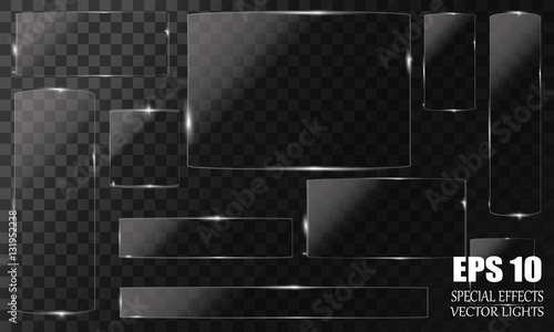 Glass plates set. Vector glass banners on transparent background.