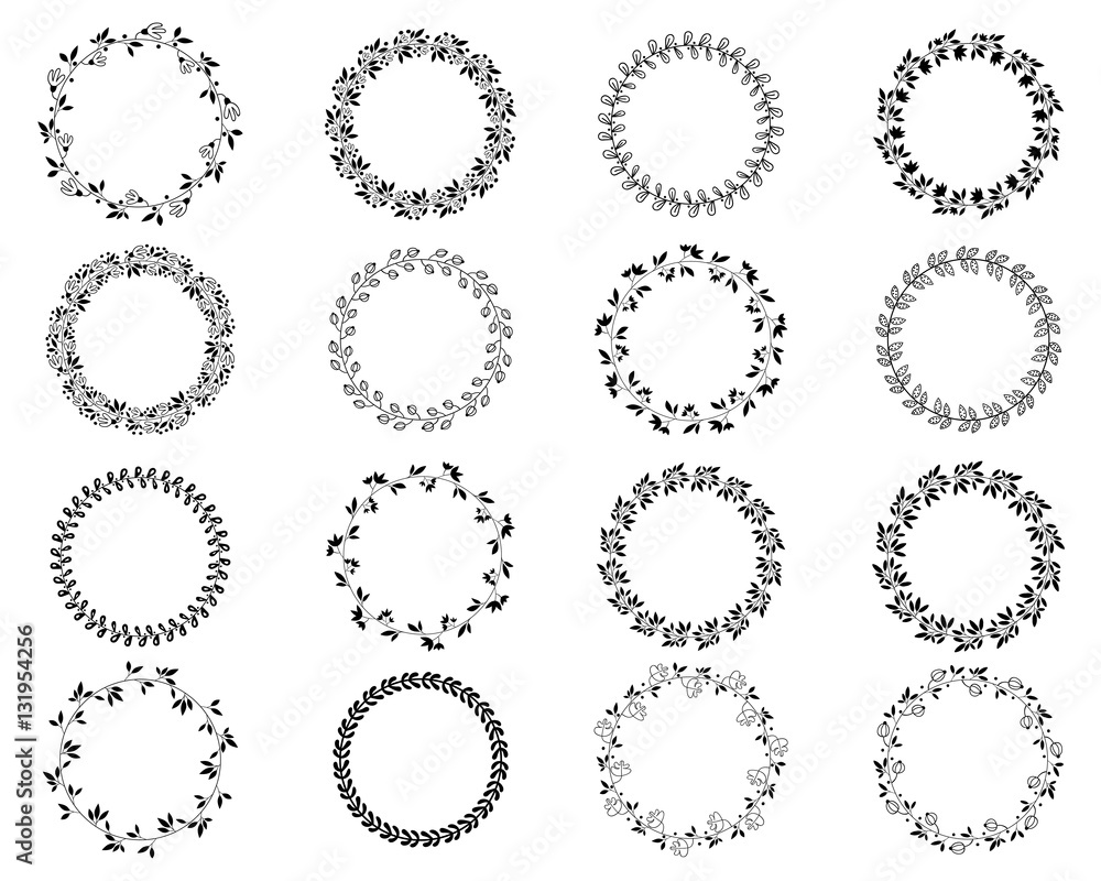 Black round floral borders and frames set with leaves and flowers Black round floral borders and frames set with leaves and flowers