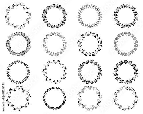 Black round floral borders and frames set with leaves and flowers