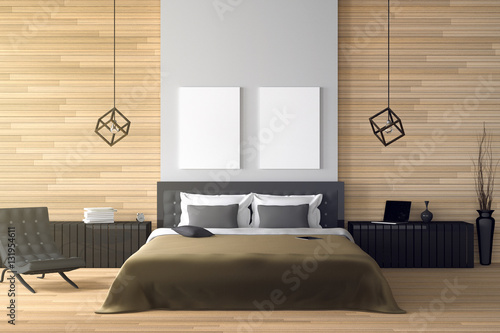 3D rendering : illustration of modern wooden house interior.bed room part of house.Spacious bedroom in wood style.black and white furniture,big bed and decorative.mock up white frame.tablet and laptop