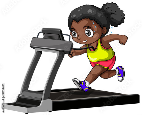 African american girl running on treadmill
