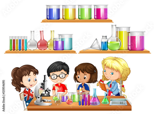Kids doing science experiment and set of beakers