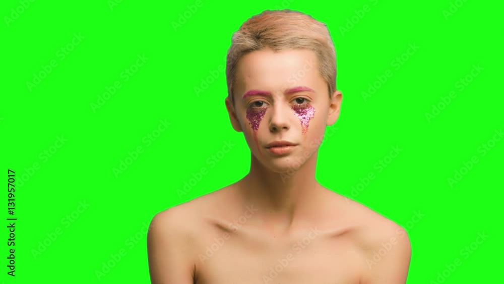 A girl with short hair and pink make-up art A girl with short hair and pink make-up art