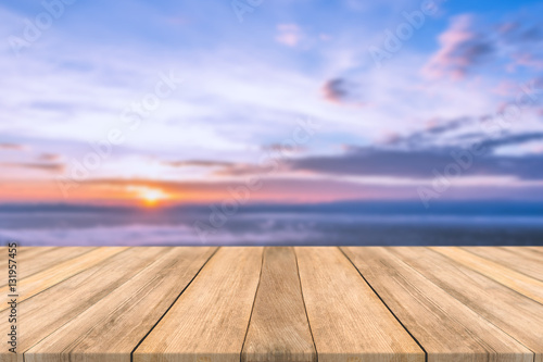 Empty wooden table space platform and blurred Sky mountains sunsets Fog background for product display montage