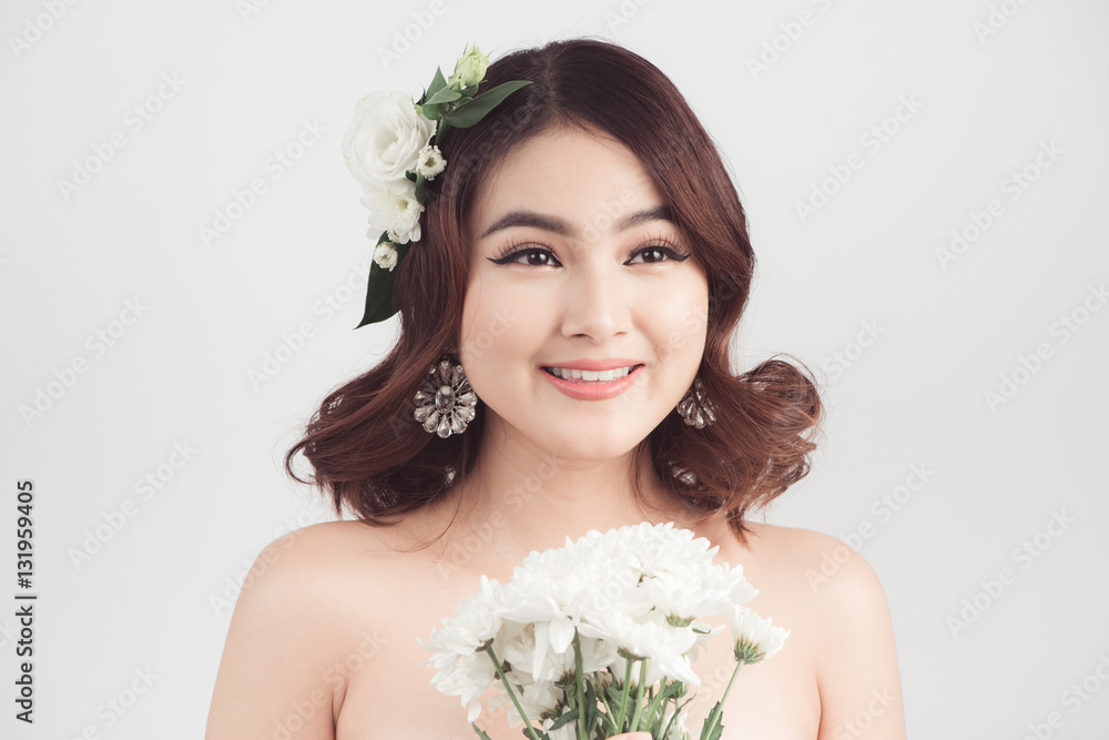 Beautiful asian woman bride on grey background. Closeup portrait Beautiful asian woman bride on grey background. Closeup portrait
