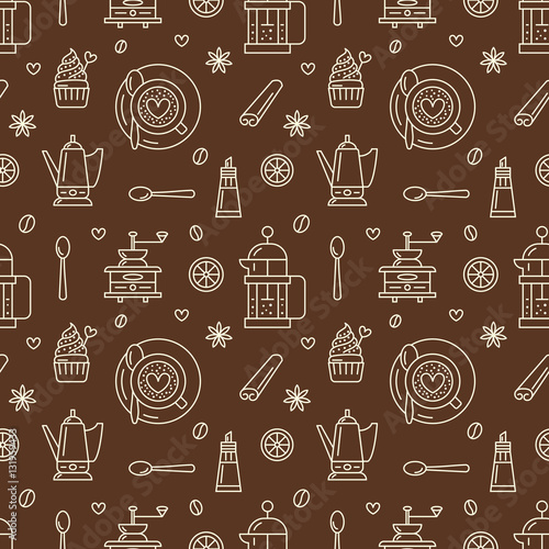 Seamless pattern of coffee, vector background. Repeated brown texture for coffee shop wrapping paper. Cute beverages, hot drinks icons, can be used for restaurant menu