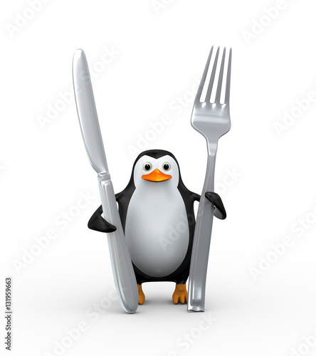 3d penguin holding fork and knife © asfianasir