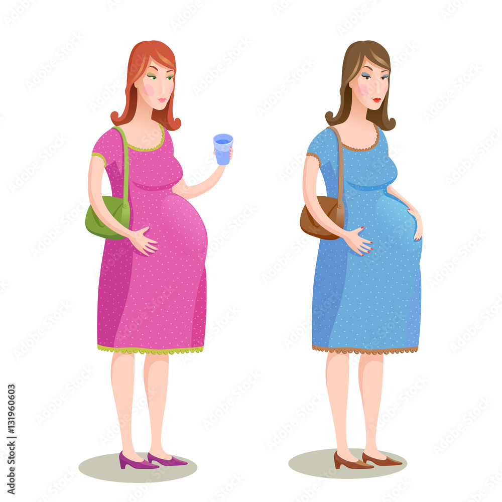 Vector illustration of two pregnant women in pink and blue dress Vector illustration of two pregnant women in pink and blue dress