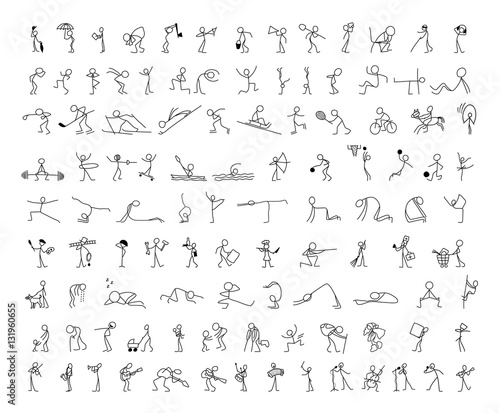 Cartoon icons set of sketch little people stick figure