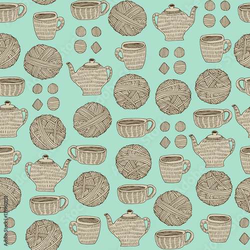 Vector doodle pattern of  yarn, cup and teapot