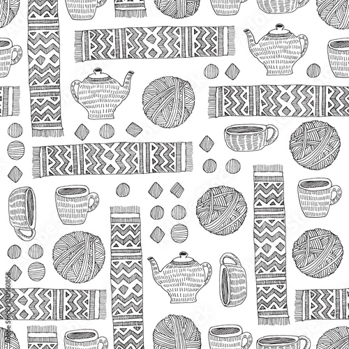 Vector doodle pattern of  yarn, scarf, cup and teapot