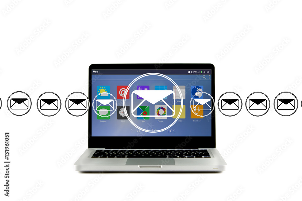 Email icons going out a computer Email icons going out a computer