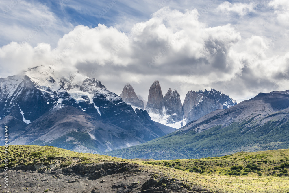 View of the Torres at Torres del Paine National Park, Patagonia, Chile