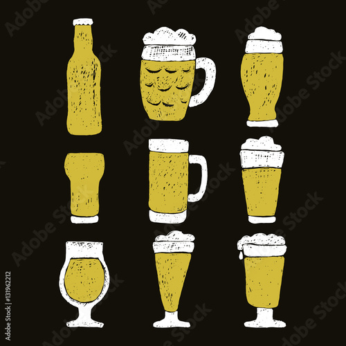 Set of beer mugs and bottle.