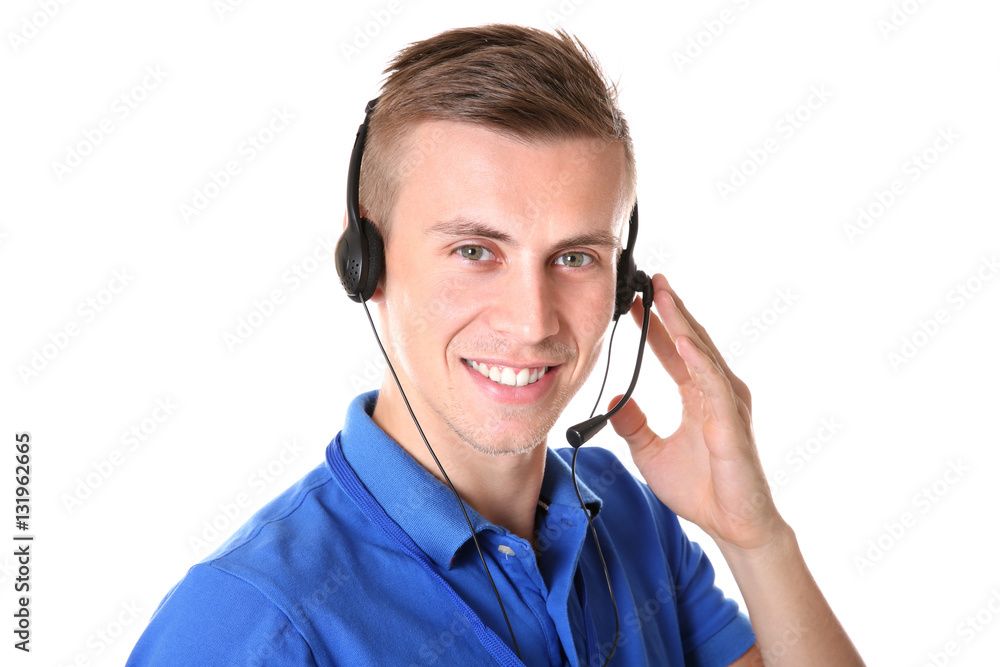 Young male technical support dispatcher on white background Young male technical support dispatcher on white background
