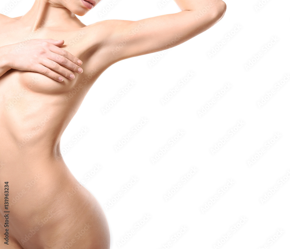 Fototapeta premium Piękna naga kobieta na białym tle, zbliżenie