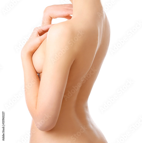 Beautiful naked woman on white background, closeup