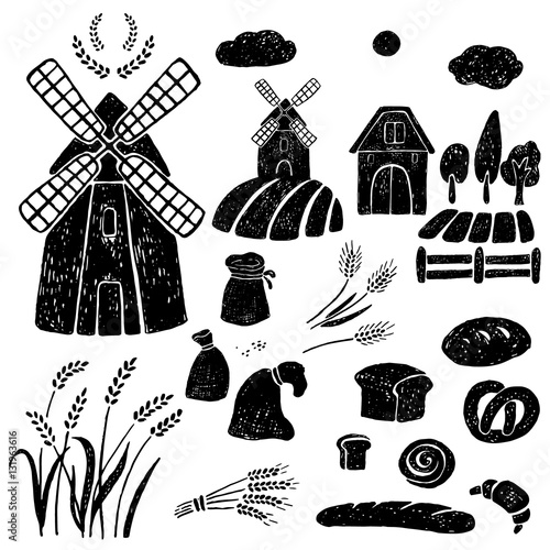 windmill, wheat, farm house.